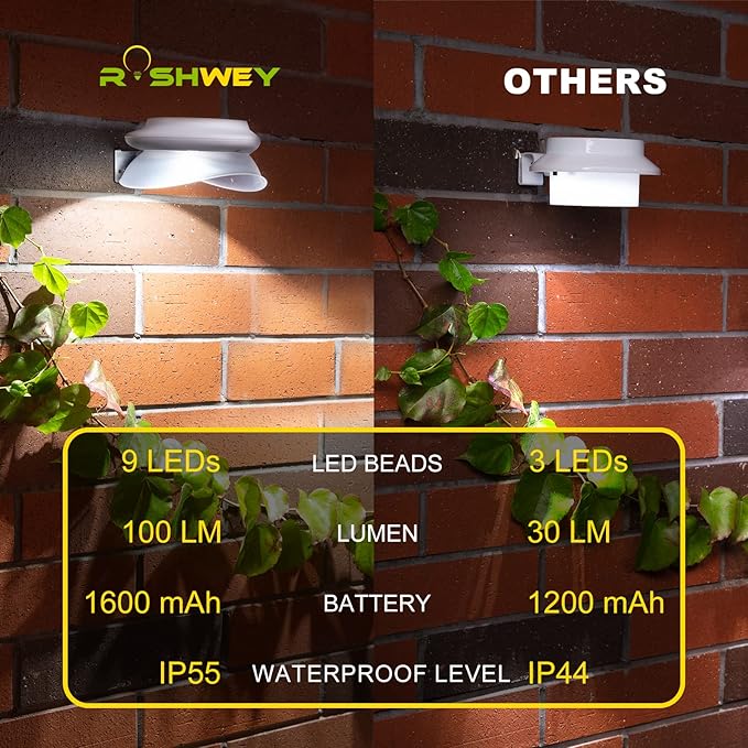 ROSHWEY Gutter Lights Solar Powered 6 Pack Solar Patio Decor Lights with 9 LED Waterproof Fence Light for Eaves Garage Garden Landscape Pathway (Cool White)