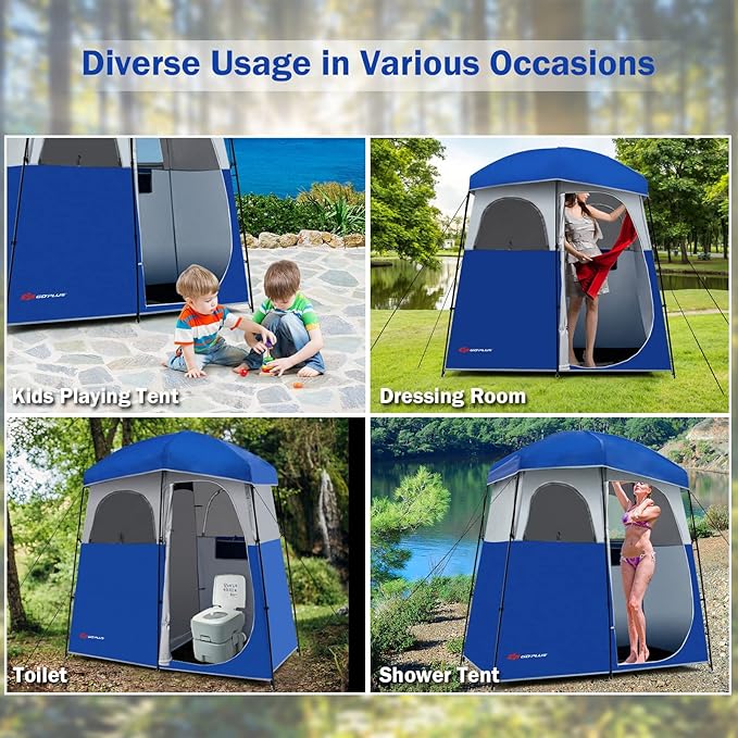 Goplus 2 Room Shower Tent Portable Camping Changing with Floor Drain Detachable Rain Fly Stakes &amp Ropes UV Protection Water Resistant Privacy for Outdoor Toilet Dressing (Blue)