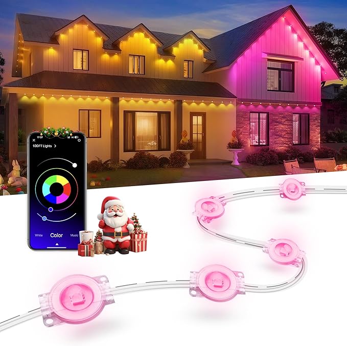 Nexillumi Permanent Outdoor Lights for House 100ft Smart RGB LED Lights Outside with 16 Million DIY Colors IP67 Waterproof Eternity Eaves Lighting for Christmas Halloween Holiday Daily Decorations
