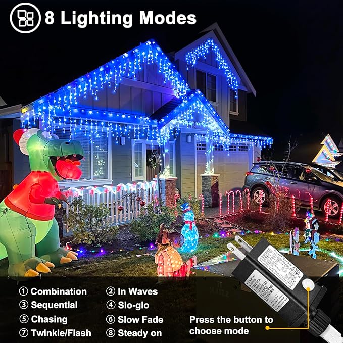 33ft 400LED Icicle Lights for Outside Blue Christmas Lights for House Patio Yard Porch Backyard Holiday Garden Xmas Exterior Decoration Waterproof Twinkle Cluster Light Hanging Light All Year