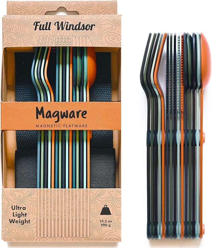 FULL WINDSOR - MAGWARE - Magnetic Camping Cutlery Set Travel Utensils for Outdoor Cooking Dining &amp Camping Knife Fork &amp Spoon Portable Silverware with Pouch - Multicolor (15 PCS)