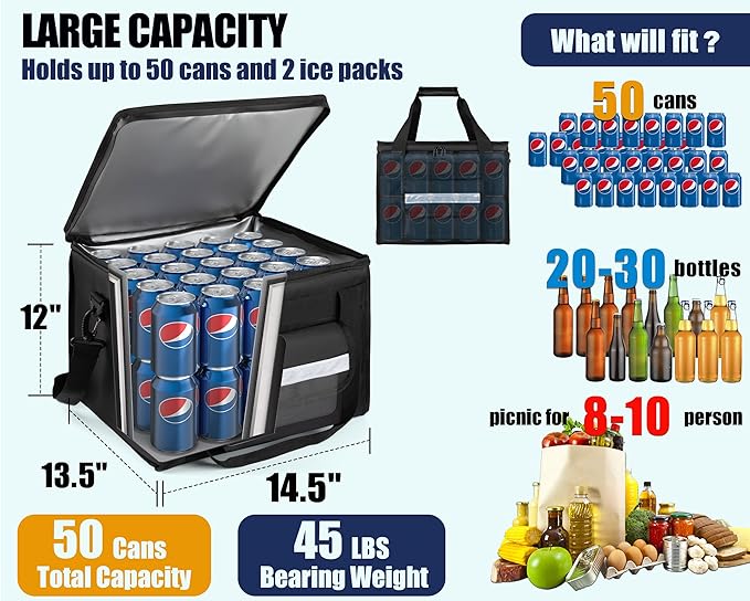 MyLifeUNIT Insulated Cooler Bag for Food &amp Pizza Delivery Bag Suitable for Car Bike Camping Picnic Beach Large Size