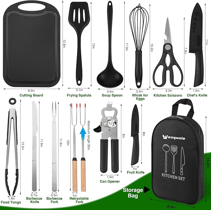 Camping Essentials Cookware Cooking Utensils Set - Portable Camp Kitchen Mess Kit Outdoor Accessories Stainless Steel &amp Silicone Camping Gear Equipment for RV Picnic GrillBlack