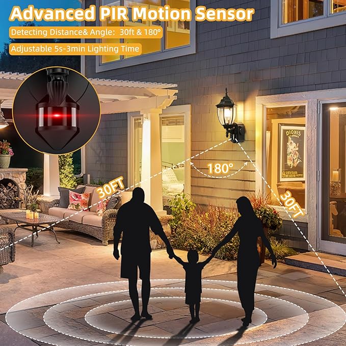2 Pack Porch Lights with Outlet Motion Sensor Outdoor Lights Updated Dusk to Dawn Exterior Lighting Fixtures Waterproof Anti-Rust Aluminum Outside Light for House Entryway Garage Black