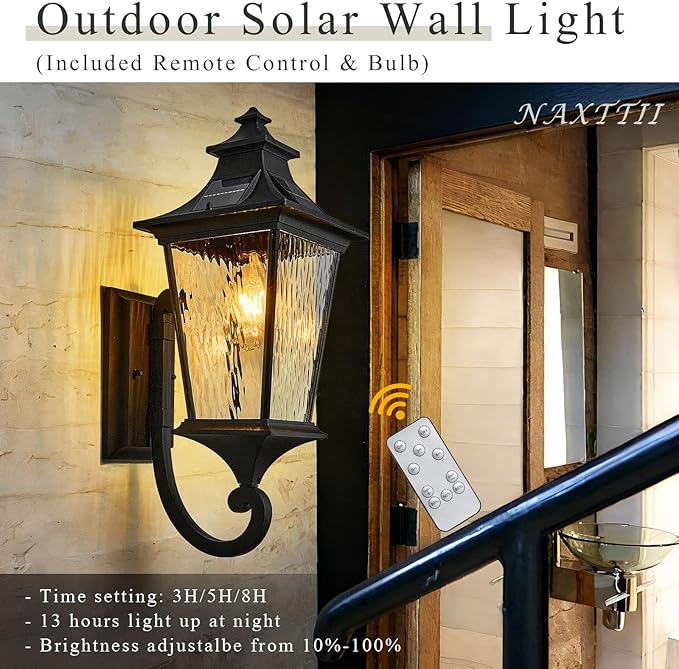 Waterproof Solar Sconces Lights Outdoor with Remote Control 20.9 Inch Height Large Size Solar Wall Lights with Water Ripple Glass Dusk to Dawn Outdoor Lighting Include LED Bulb