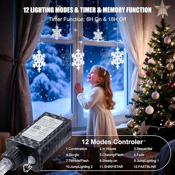 Brightown Christmas Snowflake Lights Outdoor - 13FT 192LED Snowflake String 16 Drops 12 Modes Timer IP65 Waterproof Connectable Xmas Lights for Eaves Windows Indoors &amp Outdoors