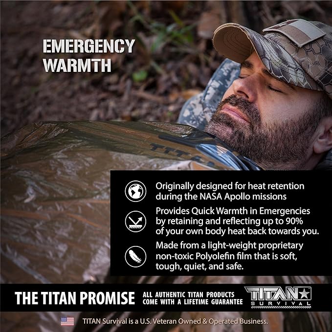 TITANSurvival Emergency Sleeping Bags for Survival 36” x 78” - 90% Heat Retention 41% Thicker &amp Waterproof - Durable Survival Sleeping Bag for Cold Weather Camping - Thermal Sleeping Bag Outdoor