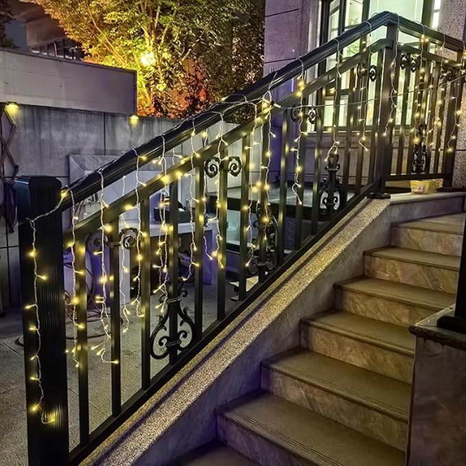 ZIMINGU Icicle Lights Outdoor 32.8 FT 400 LED 8 Modes Christmas String Fairy Lights with 80 Drops Twinkle Waterproof Connectable for Roof Balcony Business Park Decor Warm White 10M