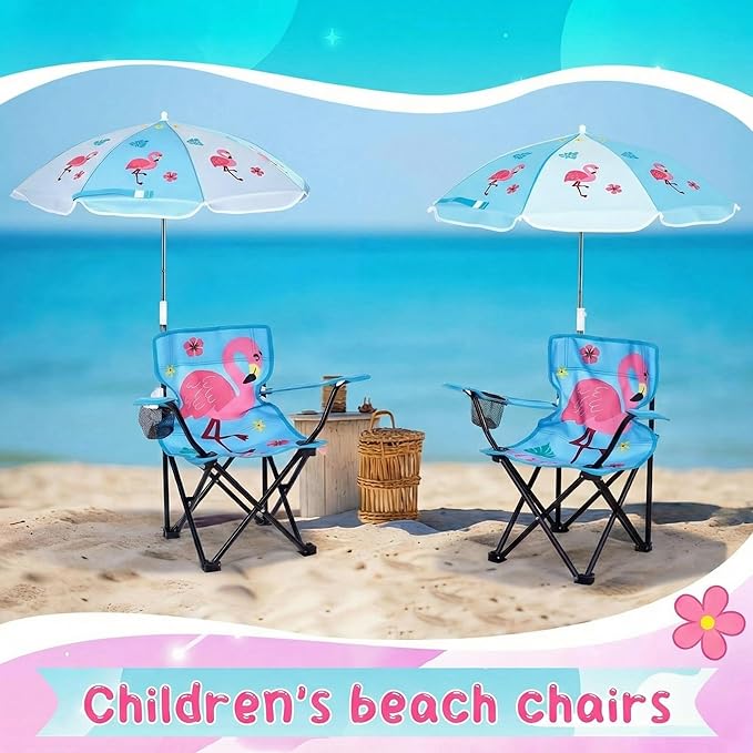 Outdoor Toddler Camping Chair with Umbrella Foldable Beach Chairs with Safety Lock for Kids Waterproof Lawn Kids Folding Chair for Outside Beach Travel(Flamingo)