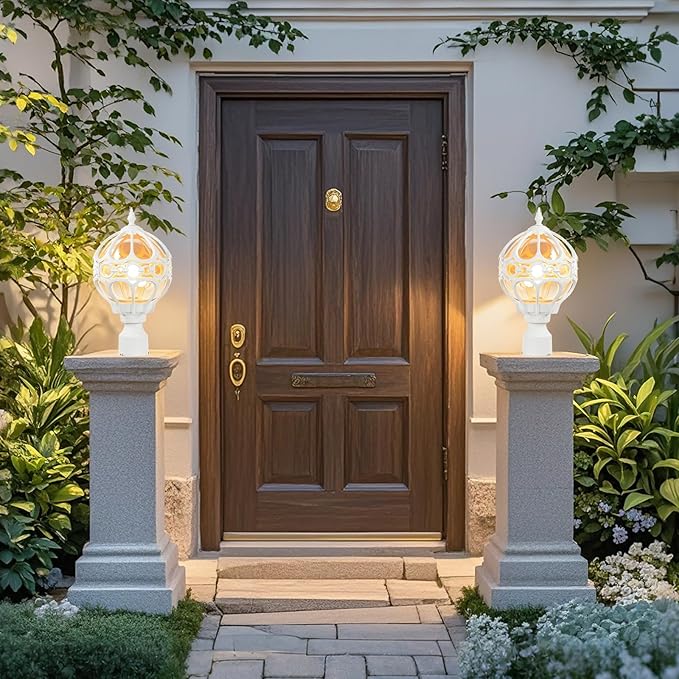2 Pack Outdoor Globe Lamp Post Light Fixtures 15.8 Green Sphere Post Top Lantern for Patio Porch Driveway Hardwired Anti-Rust Aluminum Pillar Light with Amber Glass Fits Standard 3 Post