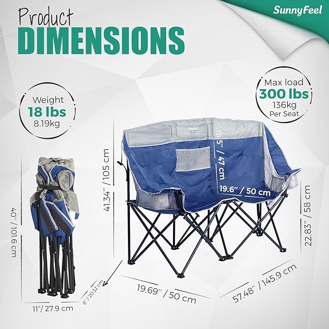 SUNNYFEEL Folding Double Camping Chair Oversized Loveseat Chair Heavy Duty Portable/Foldable Lawn Chair with Storage for Outside/Outdoor/Travel/Picnic Fold Up Camp Chairs for Adults 2 People