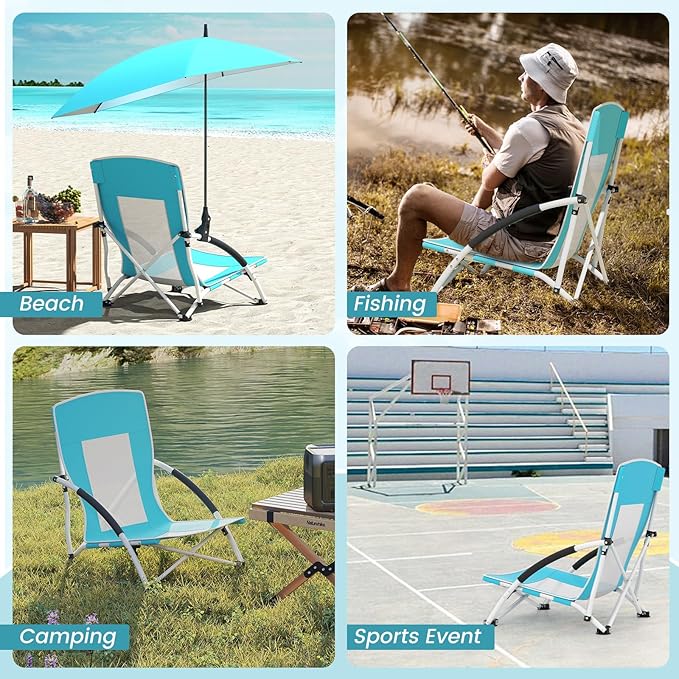 Giantex Low Folding Beach Chair with Detachable &amp Adjustable Umbrella Carrying Bag Padded Armrests Mesh High Back Load 330 LBS Anti-Slip Foot Pads Camping Chair for Picnic Lawn Blue