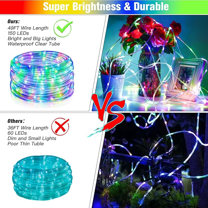 49Ft LED Rope Lights for Outside 18 Colors Changing Outdoor Fairy String Lights with Remotes Waterproof 150 LEDs Colored Rope Lighting Plug in for Bedroom Patio Party Halloween Christmas