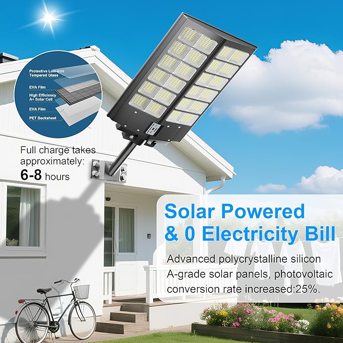Ultra Bright Solar Street Light –9000W Solar Street Lights Outdoor with 300000LM IP66 Waterproof Dusk to Dawn with Remote Commercial &amp Industrial Floodlight for Parking Lots Warehouses Yard