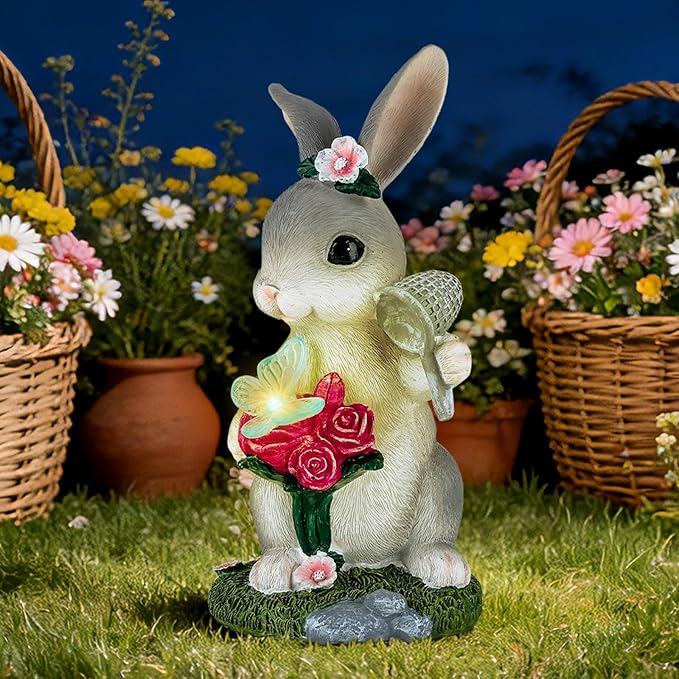 Solar Garden Decor Rabbit with Butterfly Statues Outdoor Outdoor Figurine Statue Lights Outdoor Garden Yard Lawn Patio Decoration Unique House Warming Birthday Present for Women Family