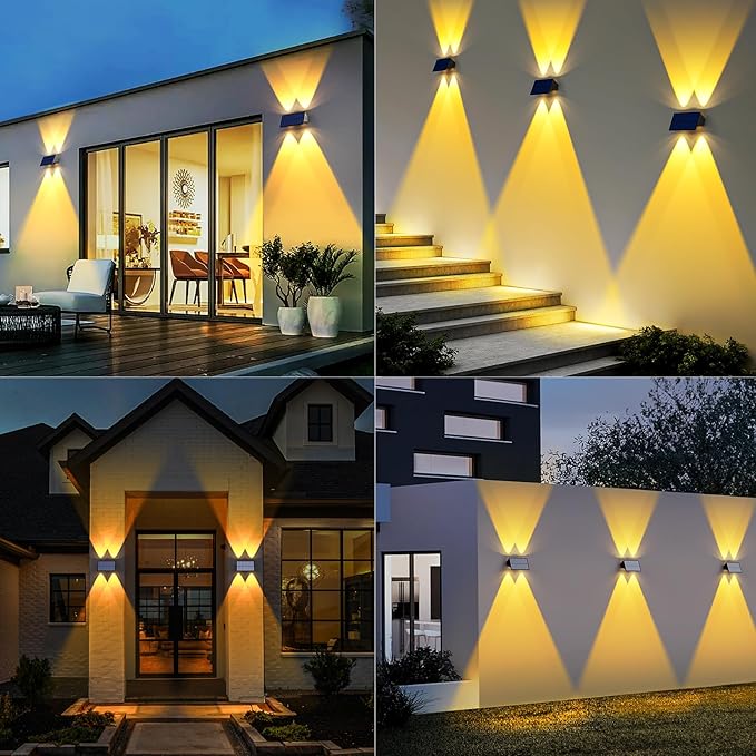 Solar Fence Lights6 Pack Solar Lights Outdoor Warm White+RGB Up &amp Down Waterproof 100 Lumens Dusk to Dawn for Wall/Backyard/Pool/Railing/Patio/Porch/Step