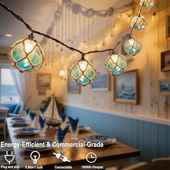 Decorative String Lights Plug in with 10 Incandescent Bulbs Nautical Fishing Float String Lights Connectable Weatherproof for Indoor Home Tiki Bar Decor and Outdoor Patio Decorations (Aqua Blue)