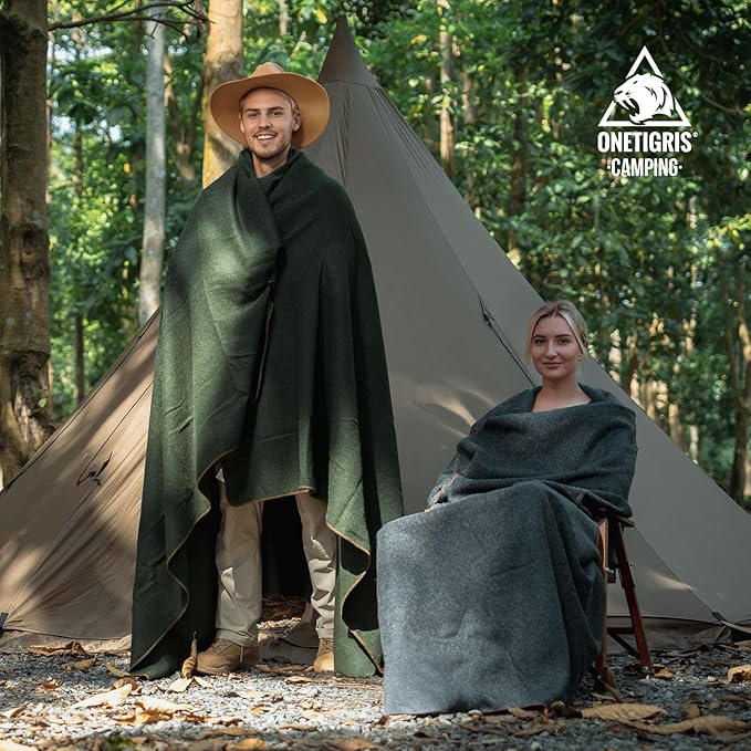 ONETIGRIS Wool Blanket Camping Wool Blanket–Large Cozy WashableGreat for CampingOutdoorsCarSporting Events Bushcraft Survival Kits 64in x 87in