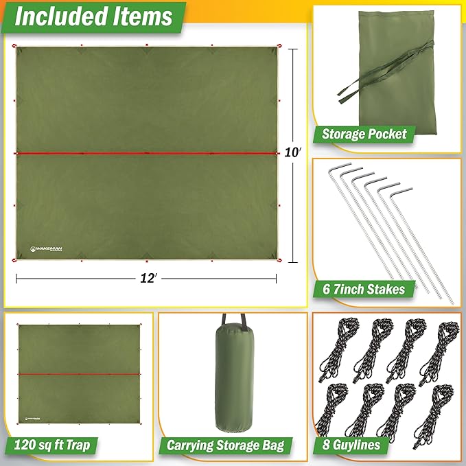 Camping Tarp for Tent or Hammock Rain Fly - 10 x 12 Tarp for Camping Hiking Backpacking or Portable Lightweight Survival Shelter UV Protection and 3000mm Water Resistant by Wakeman Outdoors (Green)