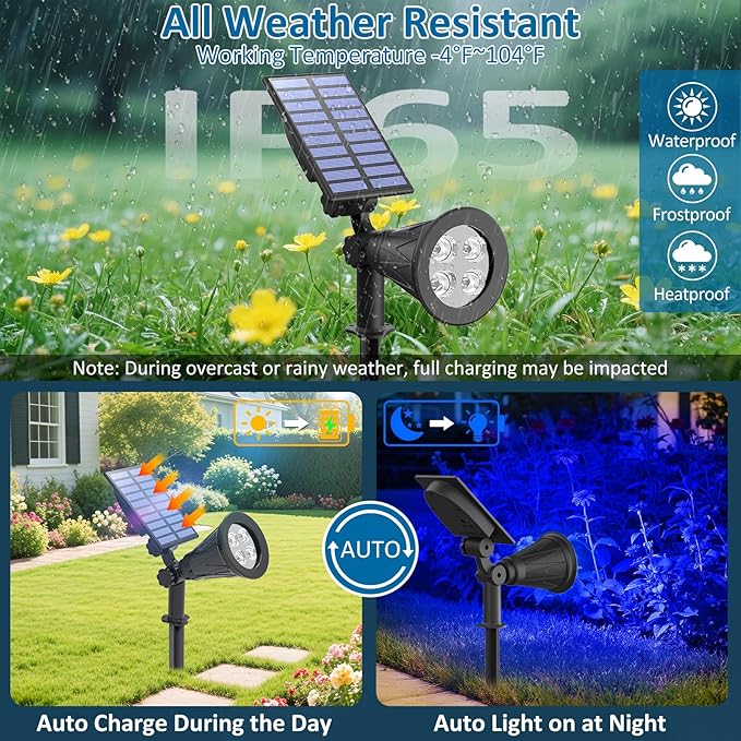 T-SUNUS Blue Solar Lights Outdoor Christmas 2 Modes Garden Spotlights Waterproof IP65 Auto On/Off Security Landscape Pond Spot Light for Tree Flag Patio Garage Yard Driveway Pool Halloween 2 Pack
