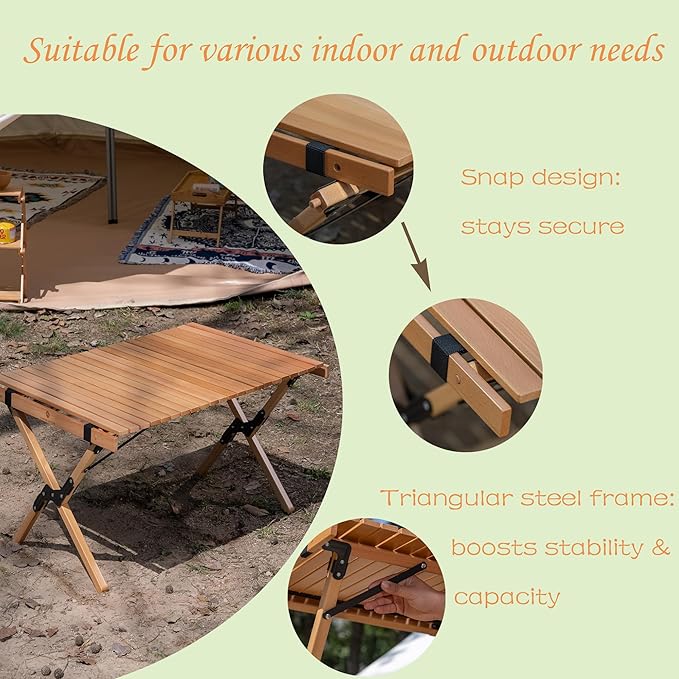 Folding Camping Table Beech Wood Portable Lightweight Roll-up Picnic Table with Carrying Bag for Outdoor Backyards BBQ Beach Party Patio(Natural Wood &amp Big)