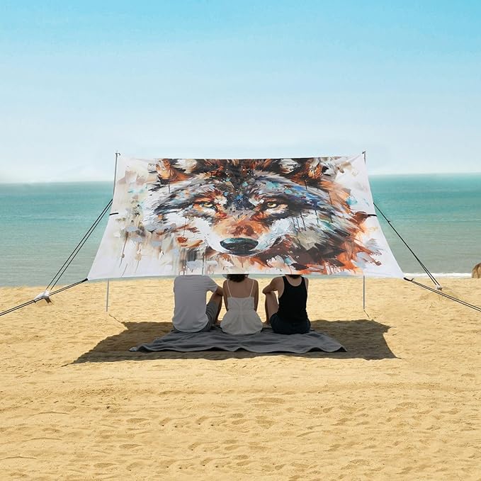 ALAZA Wolf Head Painting Beach Tent Sun Shelter UPF50+ Protection Beach Shade Canopy w/ 4 Sandbags for Outdoor Camping Fishing Backyard Fun Picnic 10x9 ft