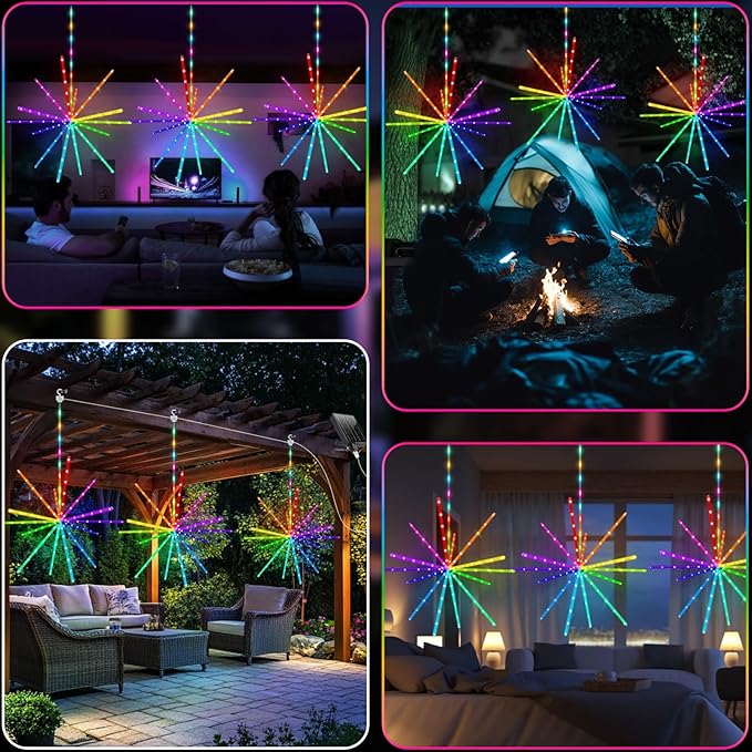 RGB Solar Firework Lights 3 Pack Color Changing Starburst Lights with Waterproof Remote Rechargeable Timer Hanging Firework Meteor Light for Garden Gazebo Porch Party Wedding Christmas Outdoor