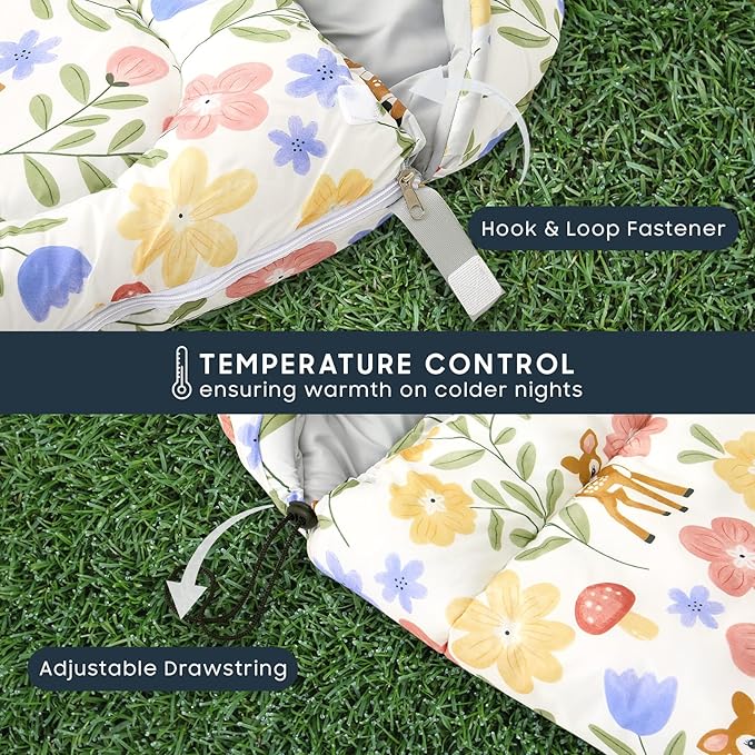 Wake In Cloud - Kids Sleeping Bag for Girls Toddlers Camping in Warm Cold Weather Backpacking Lightweight Compact Outdoor Liner for 3 Seasons Deer Floral Garden