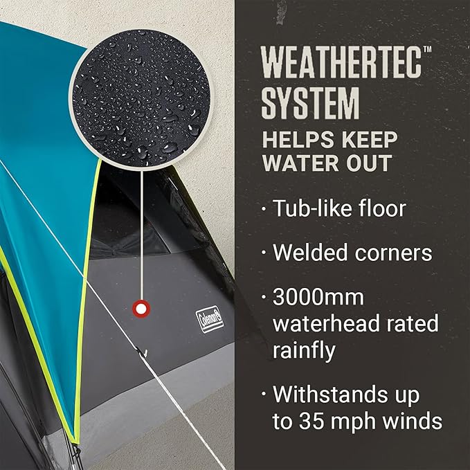 Coleman Carlsbad 4 Person Dark Room Dome Camping Tent with Screen Room E Ports Side Windows and WeatherTec System Teal Blue/Black