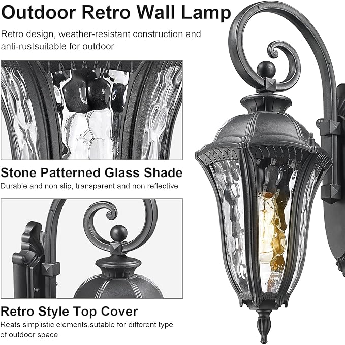 Outdoor Porch Lights Wall Mount Outdoor Sconce Lighting Waterproof Exterior Porch Light Anti-Rust Aluminum Outside Latern with Water Ripple Glass for House Yard Hallway Doorway Patio