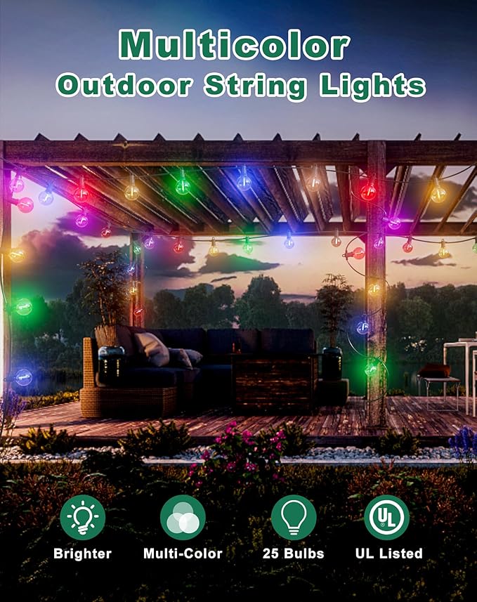 Christmas Lights Outdoor Colored String Lights 50FT Multicolor String Lights with 25 LED G40 Bulbs Waterproof Patio Lights for Garden Backyard Yard Bistro Holiday Party Halloween