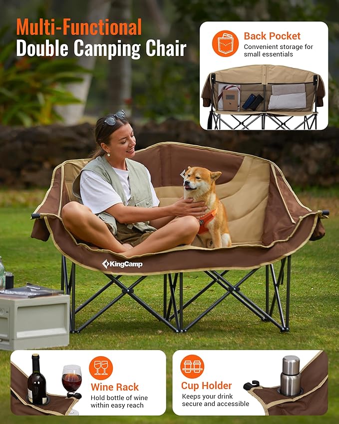 KingCamp Double Camping Chair Oversized 660lbs Heavy Duty Loveseat for Adults Portable Folding XL 2 Person Couch Padded Comfortable Two Seat with Cup Holder for Outdoor Lawn Backyard Khaki/Coffee