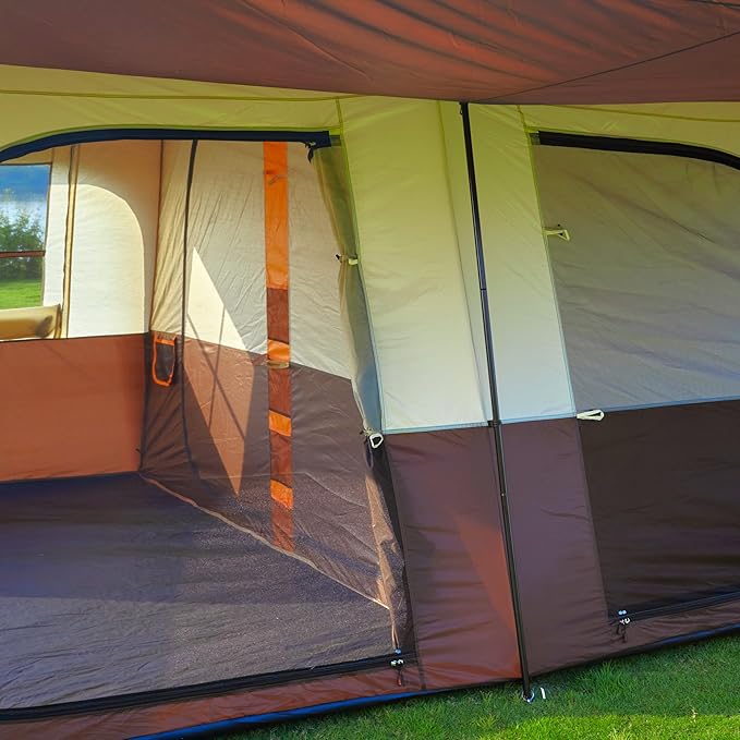 KTT Extra Large Tent 12-14 PersonFamily Cabin Tents2 RoomsStraight Wall2 Doors 4 Windows with MeshWaterproofStraight WallBig Tent for OutdoorPicnicCampingGathering(Brown)
