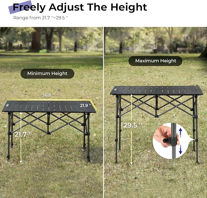 Camping Table Folding Portable Camp Aluminum Fold Up Lightweight Roll Up Table Adjustable Height with Carry Bag Indoor Outdoor for Camping Picnic Backyard BBQ Patio Black
