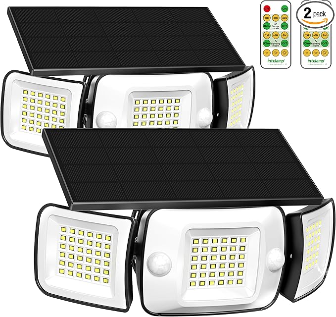 intelamp Solar Flood Lights Outdoor Waterproof 6000mAh 1200LM Solar Powered Dual Motion Sensor LED Lighting Dusk to Dawn Security Floodlight Exterior with Remote for Outside Garden House Patio