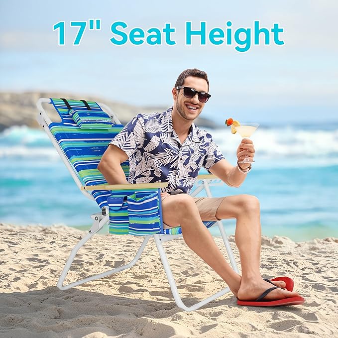 Tall Beach Chairs for Adults 17 High Backpack Beach Chair with Wooden Armrests 5 Positions Reclining Heavy Duty Chair with Large Cooler Pouch Support to 350LBS Striped Blue&ampGreen2pack