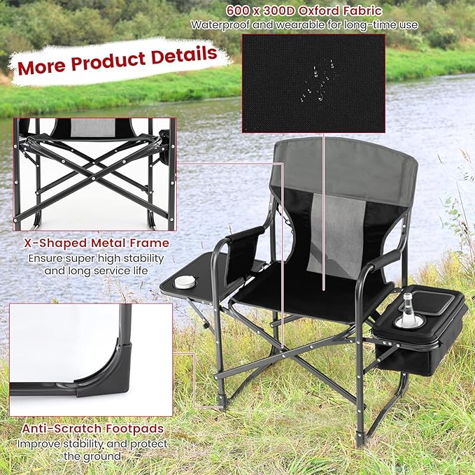 Tangkula Camping Chairs Folding Camp Chair with Side Table Cooler Bag Portable Outside Padded Lawn Chair for Travel Picnic Fishing Heavy Duty Oversized Director Chair for Adults Supports 400lbs