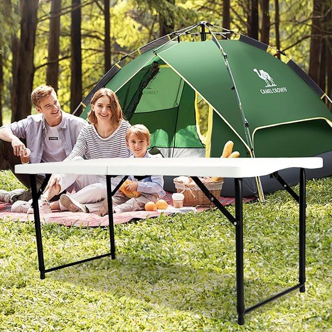 4FT Adjustable Height Folding Camping Table - Portable Foldable Small Table with Metal Frame &amp Plastic Top Ideal for Outdoor Picnic Indoor Dining &amp Events