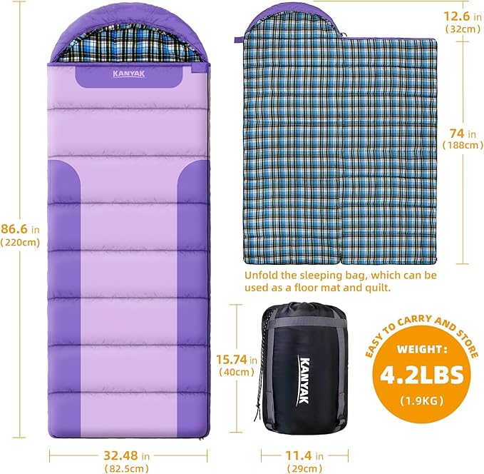 Cotton Flannel Lined Sleeping Bag for Adults Teens Kids Cold Weather &ampWarm 3 Seasons Lightweight Compact Camping Essentials Equipment Hiking Outdoor Travel