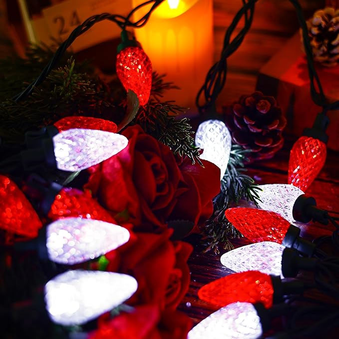 HAYATA Christmas Red White 50 LED Strawberry String Light - Fairy Xmas Decor Lighting for Outdoor Indoor Patio Party Home Wreath Garland Christmas Tree Decoration. (C9-Red White)