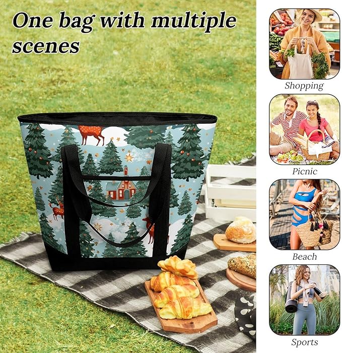 Insulated Shopping BagLarge Reusable Cooler Bags Christmas Holiday Printed Foldable Shopping BagTravel Waterproof Shoulder Bag