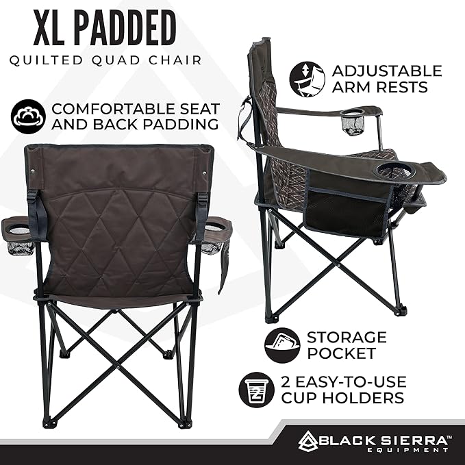 Black Sierra Oversized Camping Folding Chair Heavy Duty Outdoor Seat Supports 300 lbs with Steel Frame Collapsible Quilted Padded Plaid Camp Bag Chair for Tailgating Sports Games Patio