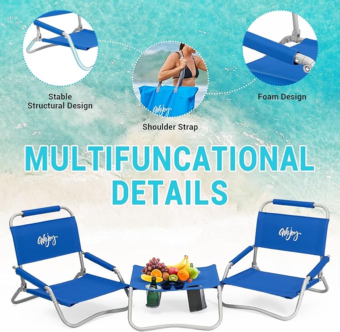 #WEJOY 2 Beach Chairs and Table Set Lightweight &amp Folding Backpack Beach Chair for Outdoor Beach Lawn Camping Picnic Blue Beach Chairs Set
