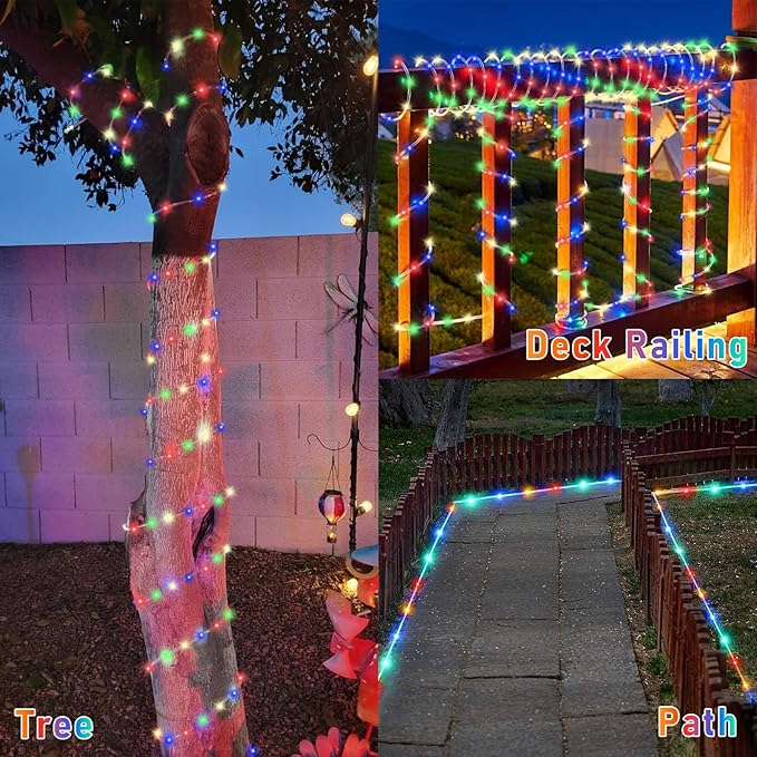 YEGUO Solar Christmas Light Outdoor Waterproof 66ft 200 LED Multicolor Rope Lights 8 Modes Tube String Lights in Clear Thin Tube