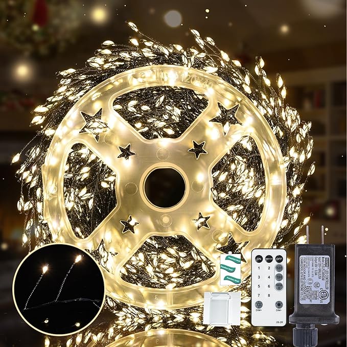 Fairy Lights Plug in 65Ft 1000LED Warm Christmas Wreath Twinkle Lights with Timer Remote Waterproof Firecracker Firefly Cluster String Light for Bedroom Graland Party Tree Decor Black Wire