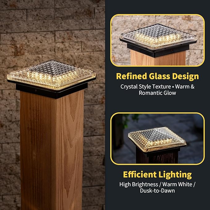 Glass Solar Post Cap Lights with Crystal Style - Decorative Deck Fence Lights for 4x4 5x5 Posts Hidden Solar Panel Modular Design 10Hr Runtime IP65 Warm White Black 2 Pack