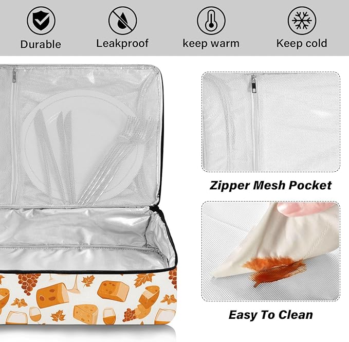 Casserole Carrier Wine and Cheese PrintInsulated Casserole Carrier for Hot or Cold Food Thermal Lunch Tote for Potluck Parties Picnic Beach Fits 9 x 13 Inches Baking Dish
