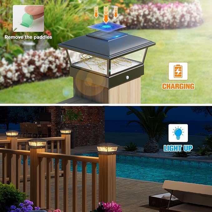 VOLISUN Solar Post Cap Lights Outdoor 4Pack Black Fence Cap Lights Solar Powered Fits 4x4 6x6 Wooden/4x4 5x5 Vinyl Post Firefly filaments Lighting for Garden/Patio/Porchwith Warm White