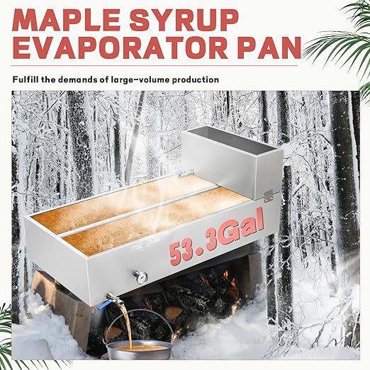 Maple Syrup Evaporator Pan 53.3Gal 304 Stainless Steel Maple Syrup Evaporator with Valve Thermometer and Divided Design 48 x 24 x 18.7 Inch Feed Pan for Boiling Maple Syrup for Home and Outdoor Use