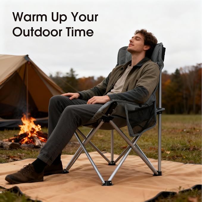 SunSettler Heated Camping Chair Oversized Heated Outdoor Chairs for Adults with 3 Heat Levels Portable Folding Padded Chair for Camp Lawn Sports (Battery NOT Included) (Grey Small)